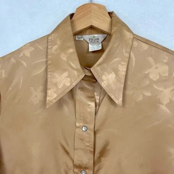 Prior Westerns Vintage Pearl Snap Shirt Floral Grandma Core Shiny 70s Gold L - Picture 2 of 6